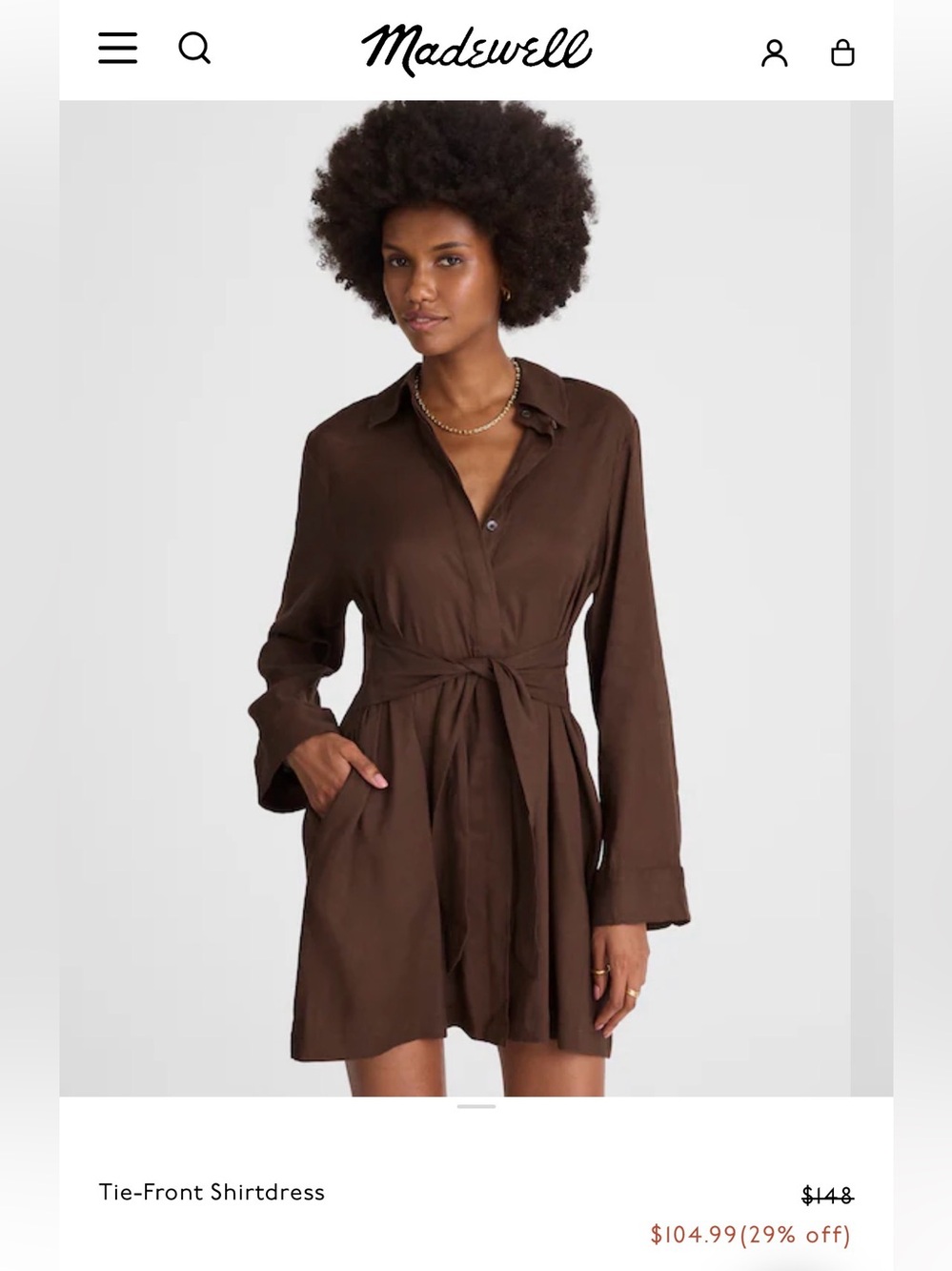 Madewell Tie-Front Shirtdress in Chocolate Brown size 2